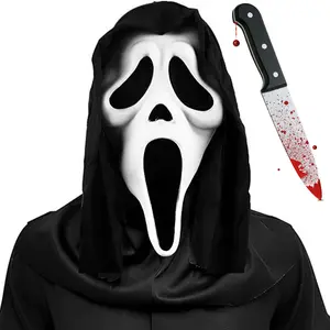 Screamer Ghost Halloween Mask with Hood + Bloody Plastic Knife Set – Scary Horror Costume Props for Adults & Teens – Full Face Latex Mask – Spooky Party Cosplay Outfit – TikTok Viral Halloween Look – Haunted House Essentials