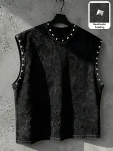 Men's Washed Rivet Sleeveless Vest, Handmade Rivet Decor Street Style Muscle Tee, Casual Round Neck Jacket, Dark Aesthetic Fashion