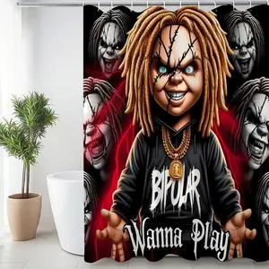 Ghostly Ghoul Bath Curtain Set, Dark Hip-Hop Bathroom Decor Kit, Non-Slip Mat + Toilet Lid Cover + U-Shaped Pad + Waterproof Shower Curtains