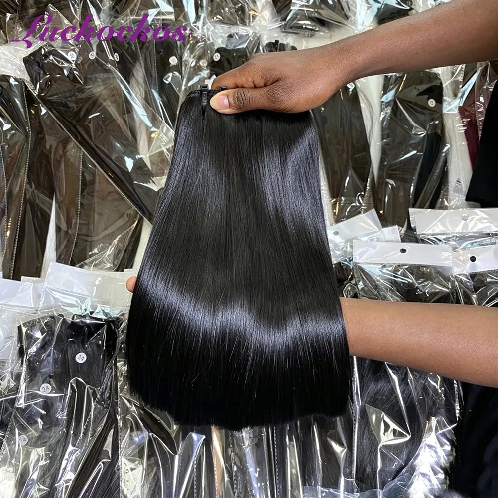 LUCKOCKOS 14 Inch Bone Straight Vietnamese Unprocessed Virgin Hair 100% Human Hair Bundles  Double Drawn 1 Bundle Quick Weave Extensions Natural Black