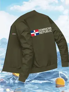 Men's Baseball Jacket, Vintage American Style Zipper Coat, Dominican Republic Flag Colors, Polyester Outerwear