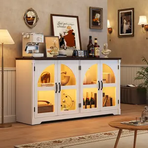 63" Modern Arched Sideboard Buffet Cabinet with LED Lights & Glass Doors, Large Storage Cabinet with Adjustable Shelves for Living Room & Kitchen