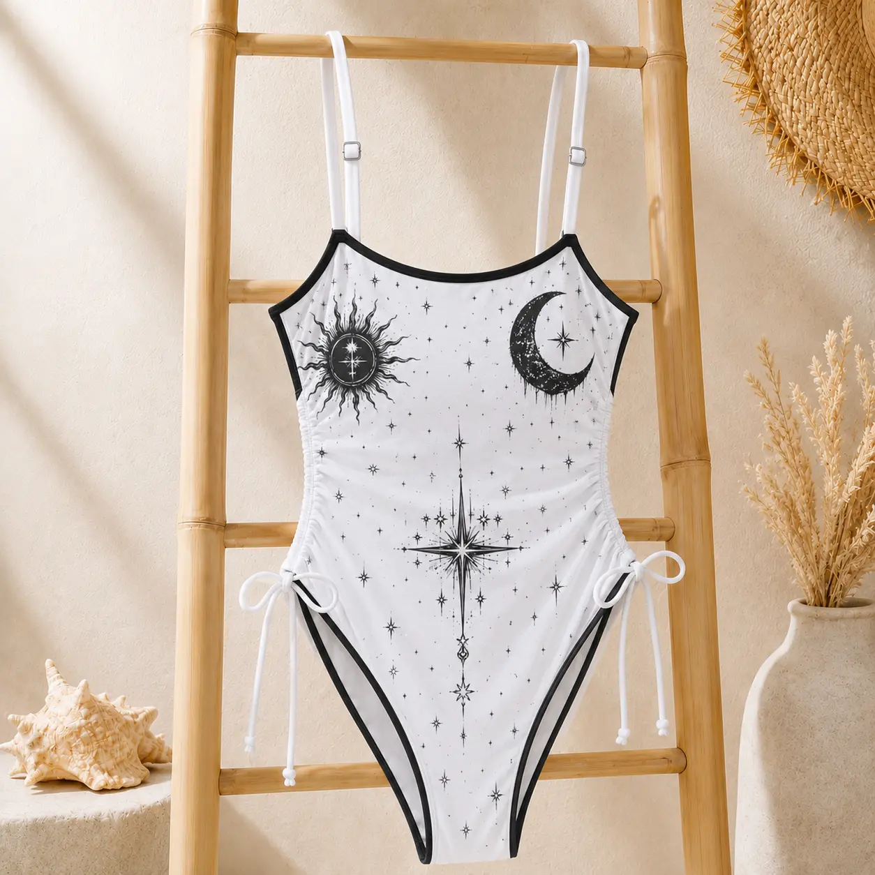 Women’s Celestial Gothic One Piece Swimsuit, Sun Moon Star Print Side Tie Bathing Suit, Black and White Alternative Swimwear