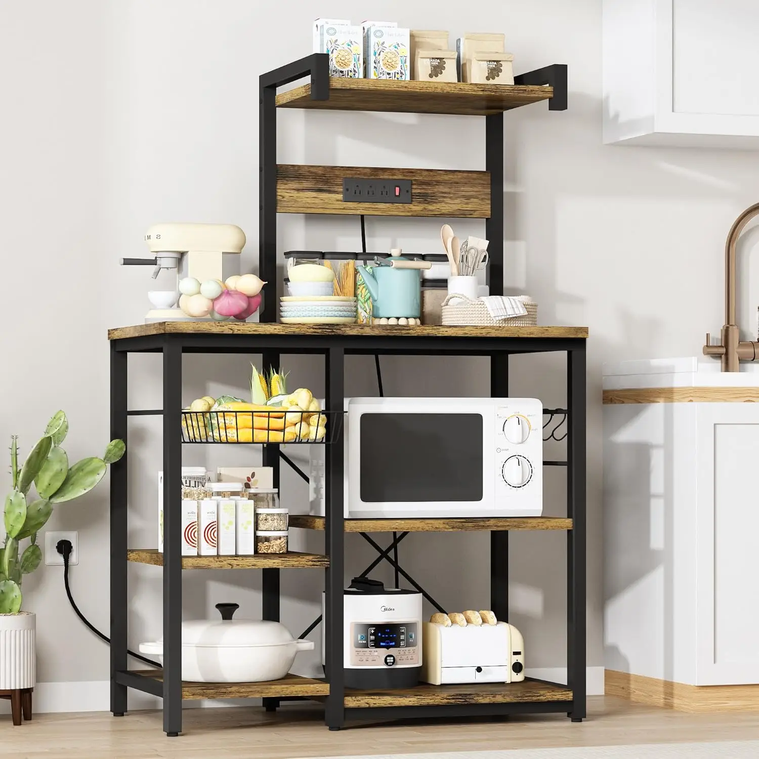 DKLGG Bakers Rack Kitchen Storage Rack Coffee Bar Station,Freestanding Kitchen Shelves for Spices, Pots and Pans, Rustic Brown Metal Organiser