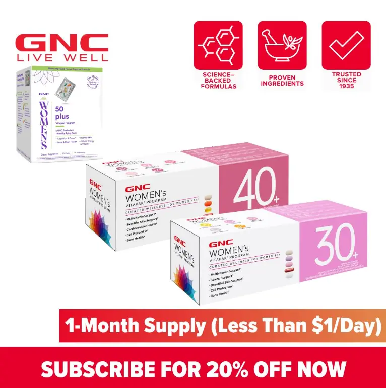 GNC Women's Age-Based Vitapaks Dietary Supplement Program - 30+/40+/50+ Daily Packs with Multivitamins, Stress Support, Beautiful Skin, Bone Health, Energy Vitamins Supplements, Glutathione Cell Support for Overall Wellness