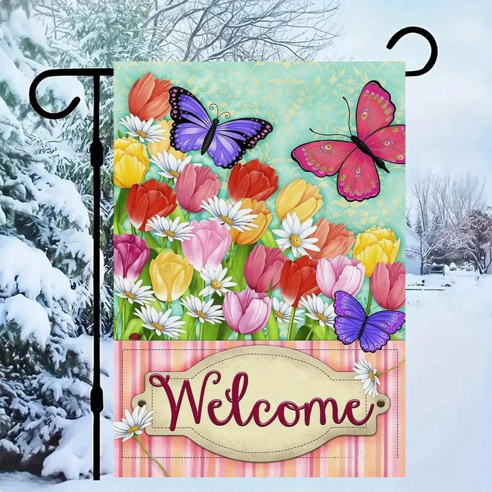 12*18in Spring Tulip Daisy Purple Butterfly Welcome Garden Flag Double Sided Pastel Floral Seasonal Yard Sign Patio Home Decoration
