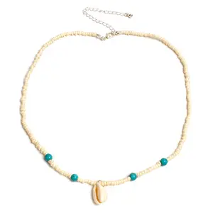 Wosois Boho Beaded Necklace  White Bib Seed Necklaces Shell Pendant Choker Dainty Jewelry Accessories for Women and Girls