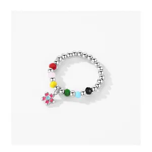 S925 Sterling Silver Colorful Beaded Flower Ring for Women Fashion Dopamine Stretchable Adjustable Ring
