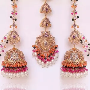 Ariana Set - 3 Piece Set - Jhumkas with attached ear chain and teeka - Jewelry - Pakistani Jewelry -  Anniversary- ethnic jewelry - accessories - Wedding -  Engagement -  Female -  Metal Coating