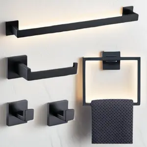 Modern Bathroom Storage Rack Set, 5pcs Wall Mounted Towel Rack & Toilet Paper Holder & Towel Hooks, Home Organizer for Bathroom, Bathroom Organization, Bathroom Organizing Accessories, Bathroom Organizer Supplies