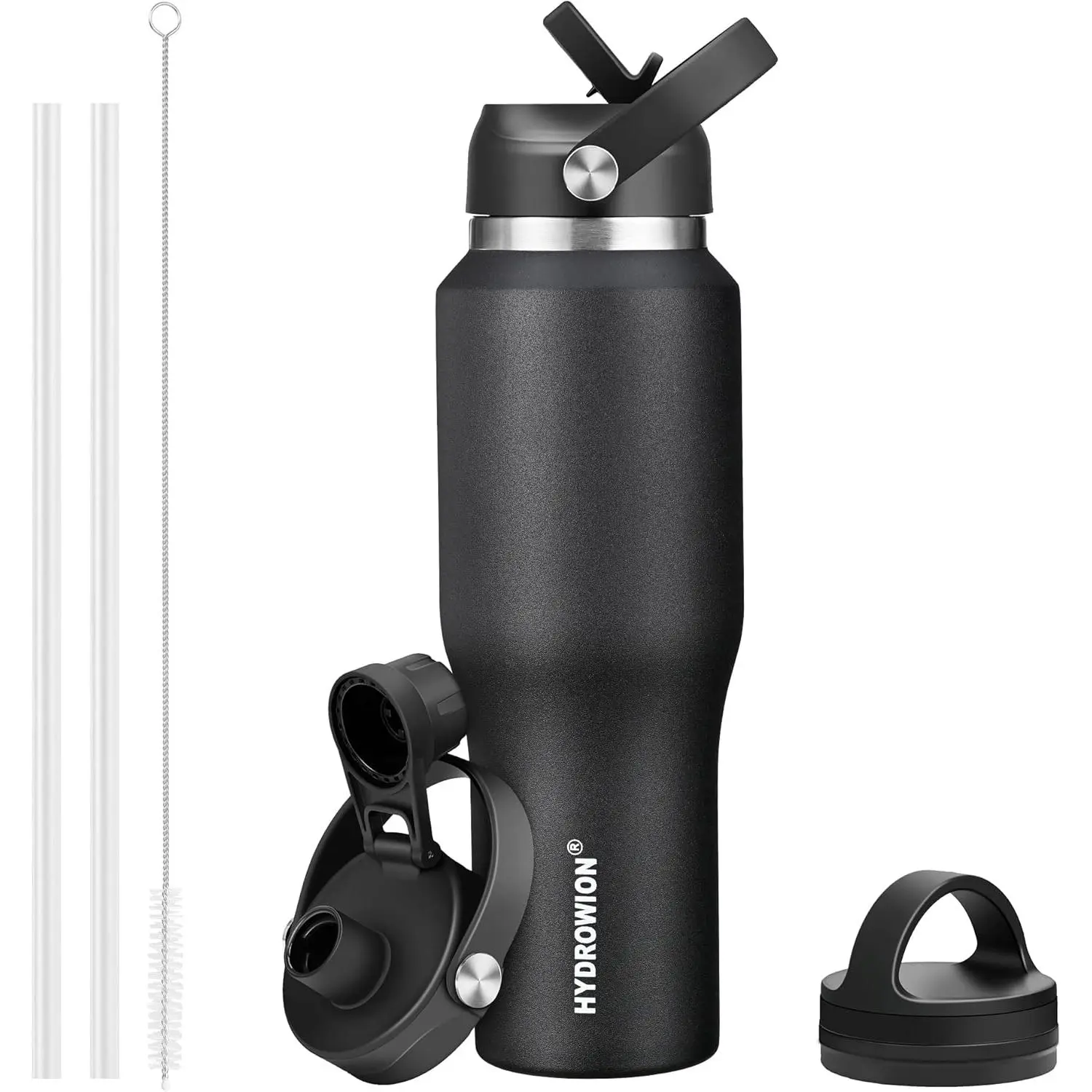 HYDROWION 32oz Stainless Steel Water Bottle(Cold for 48 Hrs, Hot for 24 Hrs),Double Wall Vacuum Insulated Water Bottle with Straw Lid, Spout Lid and Flex Cap, Fit in Any Car Cup Holder,Black