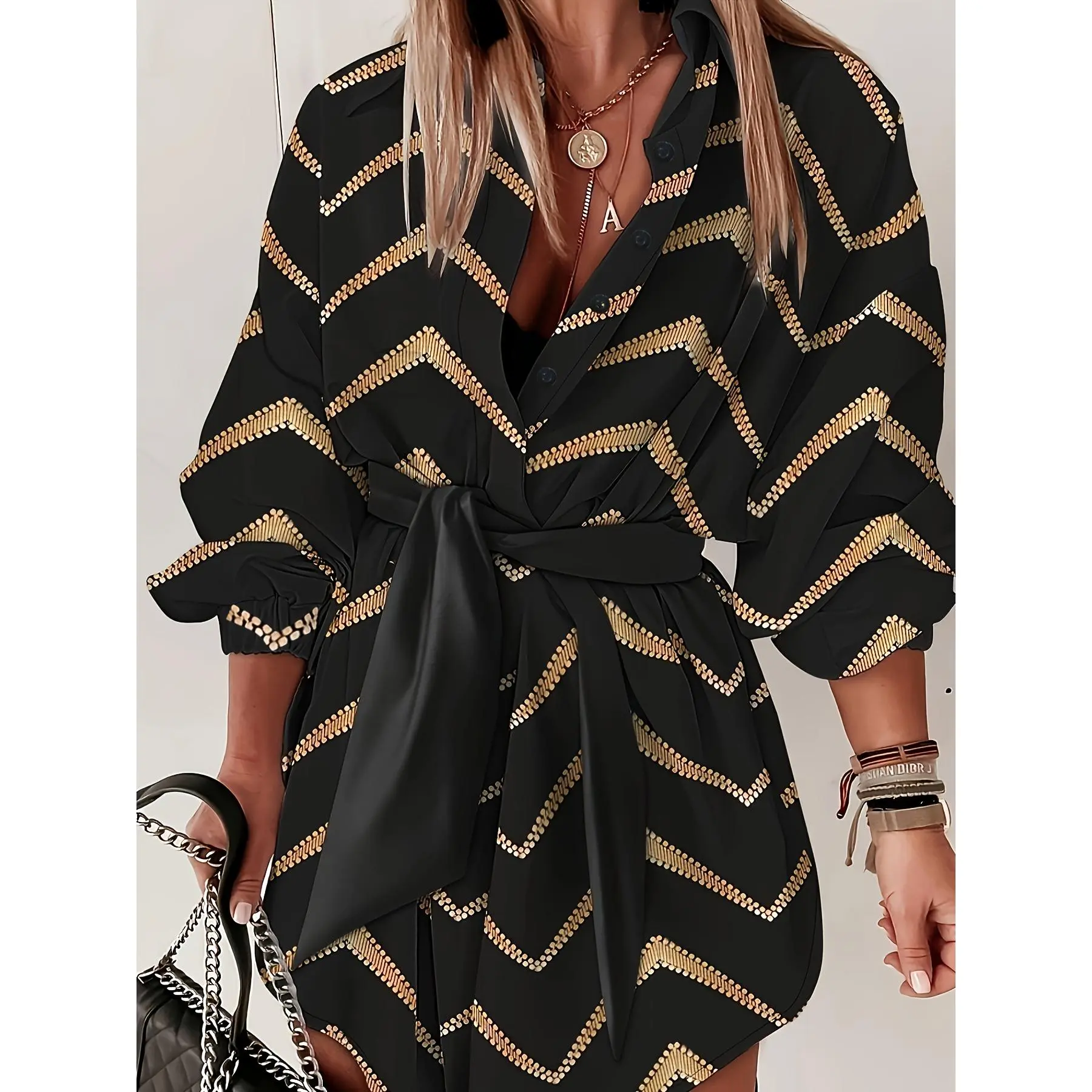 Chevron Print Button Front Dress, Casual Half Sleeve Tie Waist Mini Dress For Spring & Summer, Women's Clothing