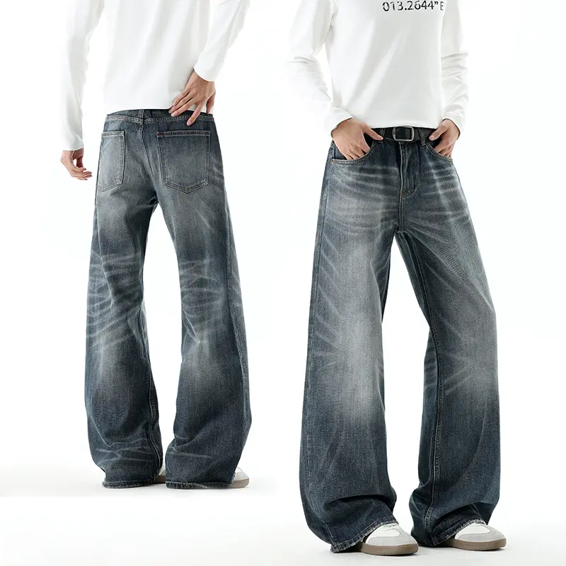 Men's Retro Gradient Wash Denim Jeans, H-Type Straight-Leg Loose Fit Pants with Side Pockets, Casual American Streetwear, Chic