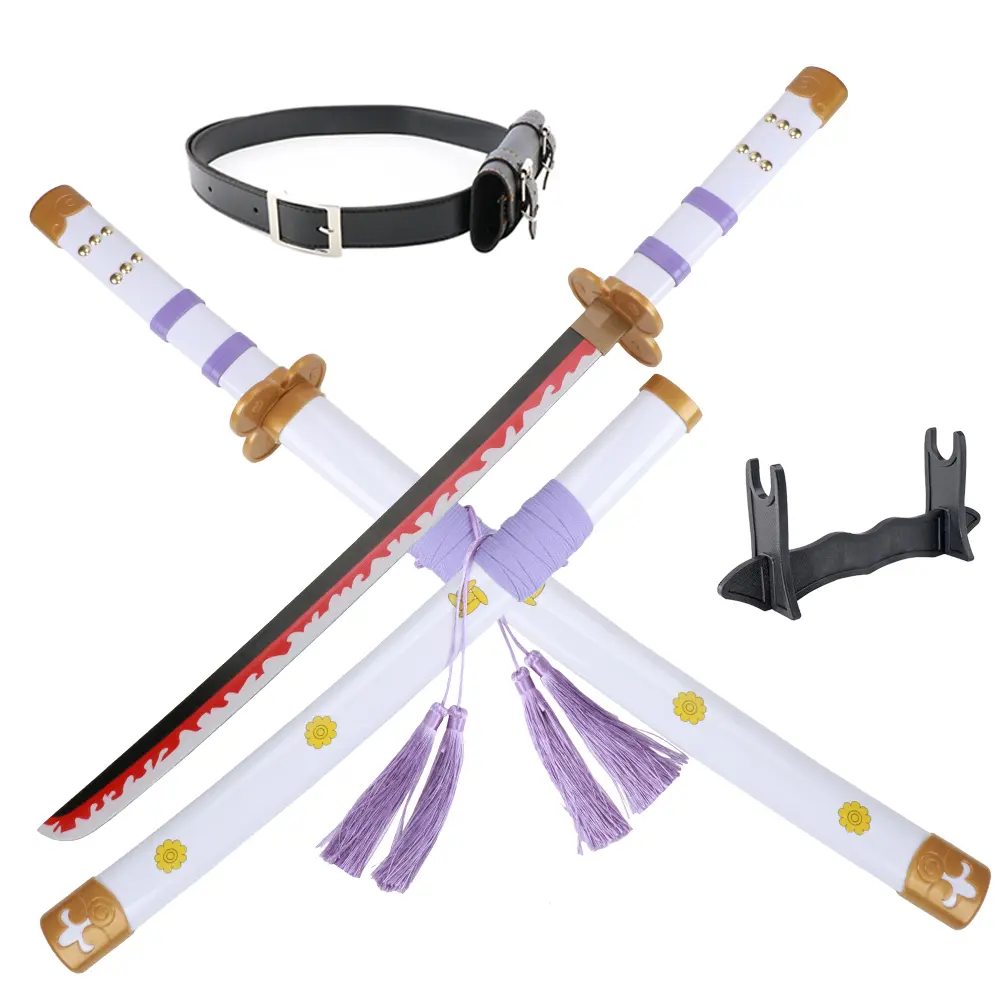 ELERVINO 1 x 31-in Bamboo Roronoa Zoro Cosplay Sword (Yama Enma White) - 12+ Anime Katana Swords, Plastic Black Belt, Holder Stand, Toy Sabre for Halloween, Gift for Anime Collectors, Wood