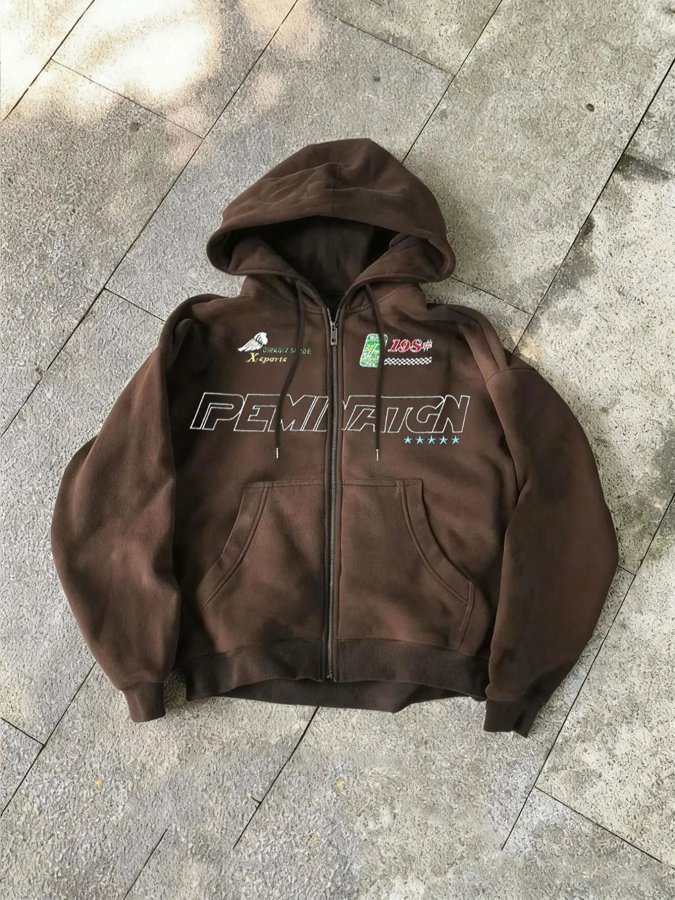 American Retro Style Pemination Hooded Zipper Sweatshirt, Casual Hooded Sweatshirt, Racing Patchwork, Graphic, Letter Print, Star Embellishment, Streetwear, Long, Loose Fit