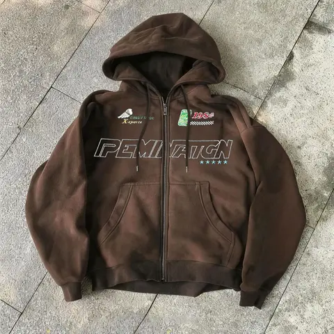 American Retro Style Pemination Hooded Zipper Sweatshirt, Casual Hooded Sweatshirt, Graphic Sweatshirts, Racing Patchwork, Graphic, Letter Print, Star Embellishment, Streetwear, Long, Loose Fit