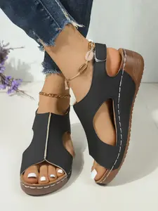 Women's Open Toe Wedge Slides, Slip-On Comfort Casual Sandals, Non-Slip Platform Summer Footwear, Lightweight Wedge Mules with Stitching Detail, Black Casual Summer Slides