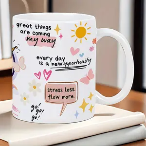 1pc 11oz Ceramic Coffee Mug with Positive Motivational Quotes & Floral Design - Uplifting & Cheerful Design, Perfect for Daily Use & Gift Giving on Birthdays/Holidays, Machine Washable, Holiday Gift Item, Inspirational Design, Reusable Drinkware
