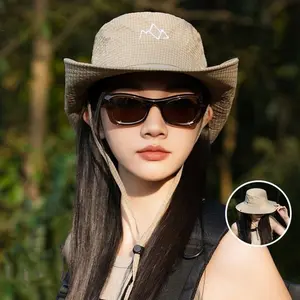 Mountain Logo Embroidered Quick-Dry Bucket Hat, Upf 50+ Outdoor Fishing Hat, Adjustable Chin Strap, Breathable Mesh, Camping & Travel Hat