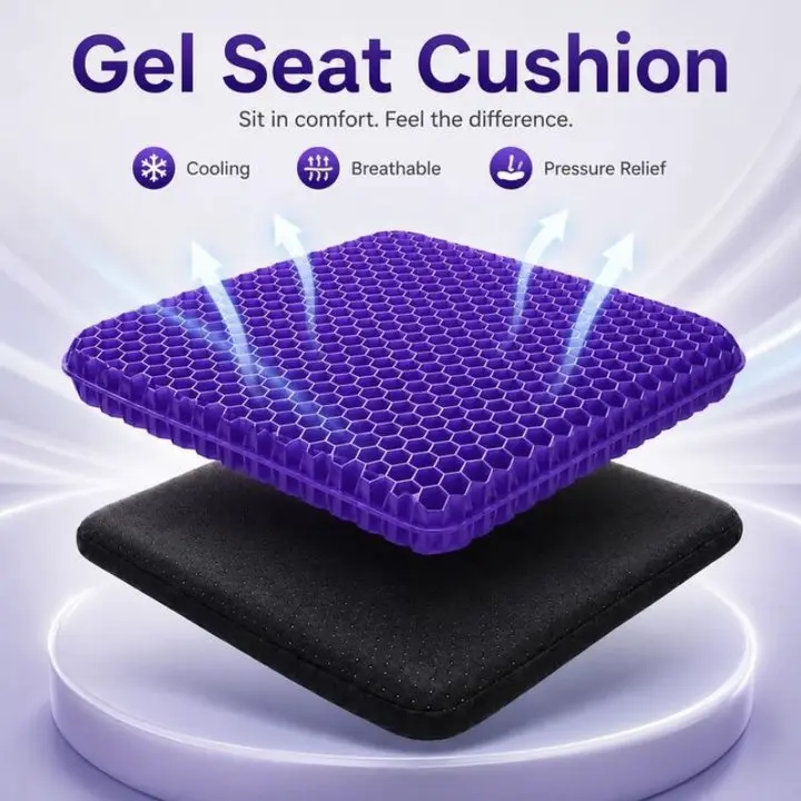 Comfortable Cooling Gel Seat Cushion, Breathable Honeycomb Chair Pad With Removable Non-Slip Cover, 1.38in Firm Support Pressure Relief Seat Cushion For Office Desk Chair, Car Driving, Wheelchair, Gaming Chair, Home & Travel