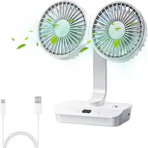 Double Head Desktop Oscillating Fan, 360° Rotation USB Rechargeable 4000mAh Battery Powered Portable Automatic Rotating Table Fan, for Home Office Wall Mounted Fan