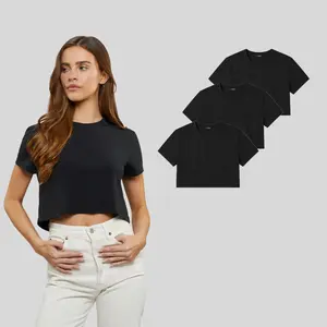 Cuts | Almost Friday Tee Women's Cropped T-Shirt 3-Pack | Classic Fit Crew Neck | Wrinkle Resistant Anti-Pilling Stretch Crop Top - Black