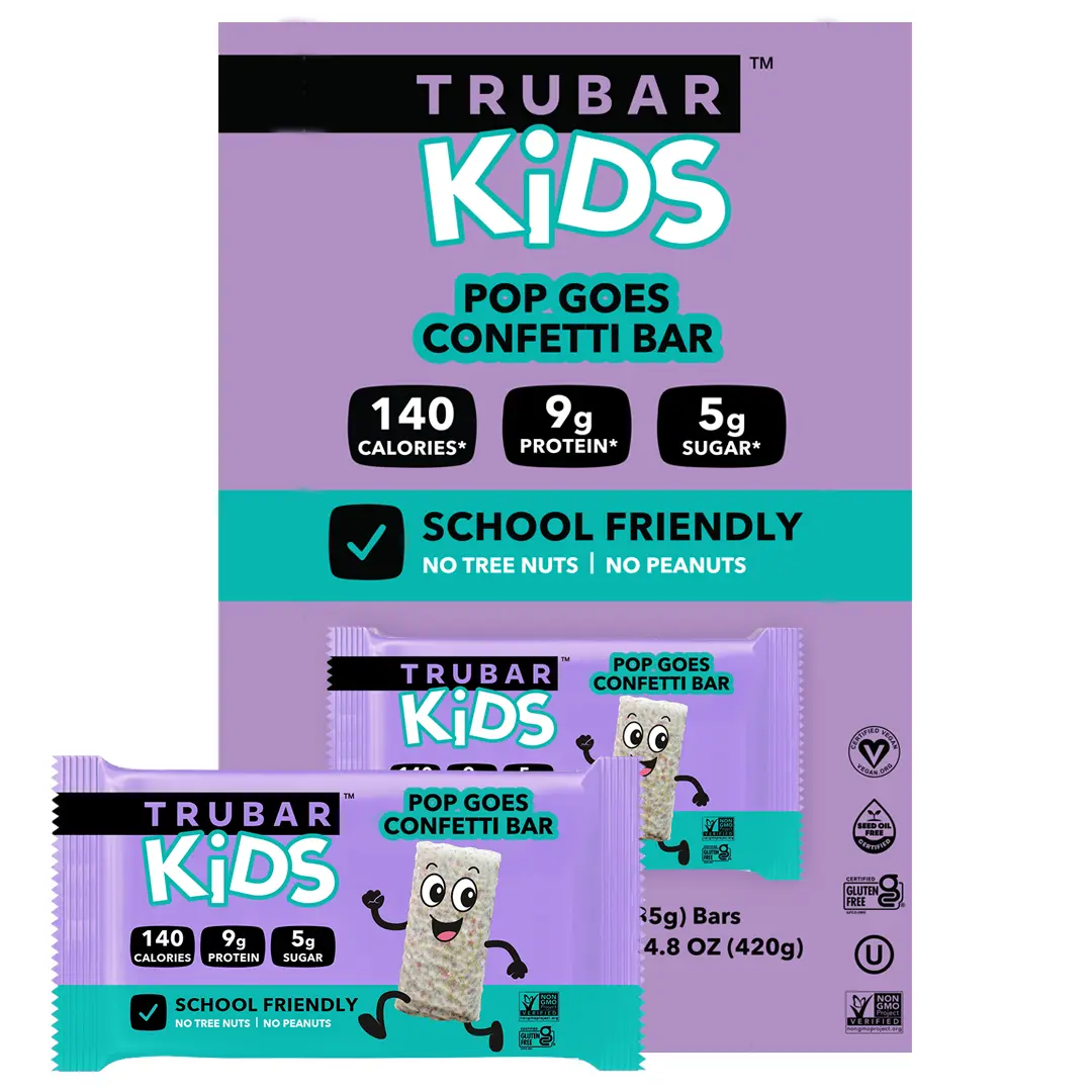 TRUBAR KiDS Vegan Protein Bar, Pop Goes Confetti Bar, Gluten Free, Plant Based Protein, Dairy Free, Non GMO, Soy Free, No Sugar Alcohols, 12 count Snack