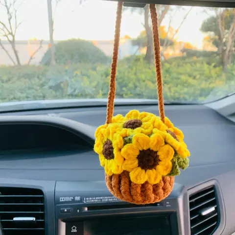 Sunflower Basket Car Hanging Decoration, Car Rear View Mirror Hanging Ornament, Car Interior Pendant, Car Interior Ornaments, Car Decoration Accessories, Car Trinkets, Car Accessory, Car Decorations Interior, Automotive Decoration