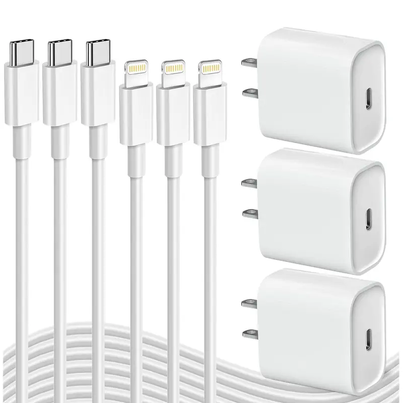 APFEN 6-Pcs USB-C iPhone Chargers Set - MFi Certified 20W Charging, 3x Quick Charge, Triple Safe Travel Plug, 5ft/6ft Type-C to Lightning Cables (2-Pack) for iPhone 14/13/12/11 Pro Max Device Protection