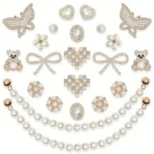 Women's 24-Pcs Sparkling Shoe Charms - Pearl, Flower, Rhinestone Shoe Chains, Bling Beauty Accessories for Party Footwear