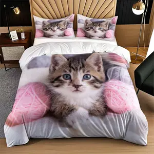 Cat Print Bedding Set, Includes 3 Pieces, Soft and Comfortable, Contains 1 Fitted Sheet and 2 Pillowcases, Home Bedroom Essentials