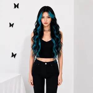 Black Blue Long Wavy Wig with Bangs, 24 Inch Ombre Synthetic Wig for Women, Heat Resistant Fiber, Natural Looking Loose Waves for Daily Wear, Cosplay & Party
