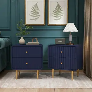 2 Pcs Modern Fluted Nightstand White Wood Bedside Table With 2 Storage Drawers Gold Metal Handle Rounded Corner Design Waterproof MDF Minimalist End Side Table Easy Assembly For Bedroom Living Room Home Decor