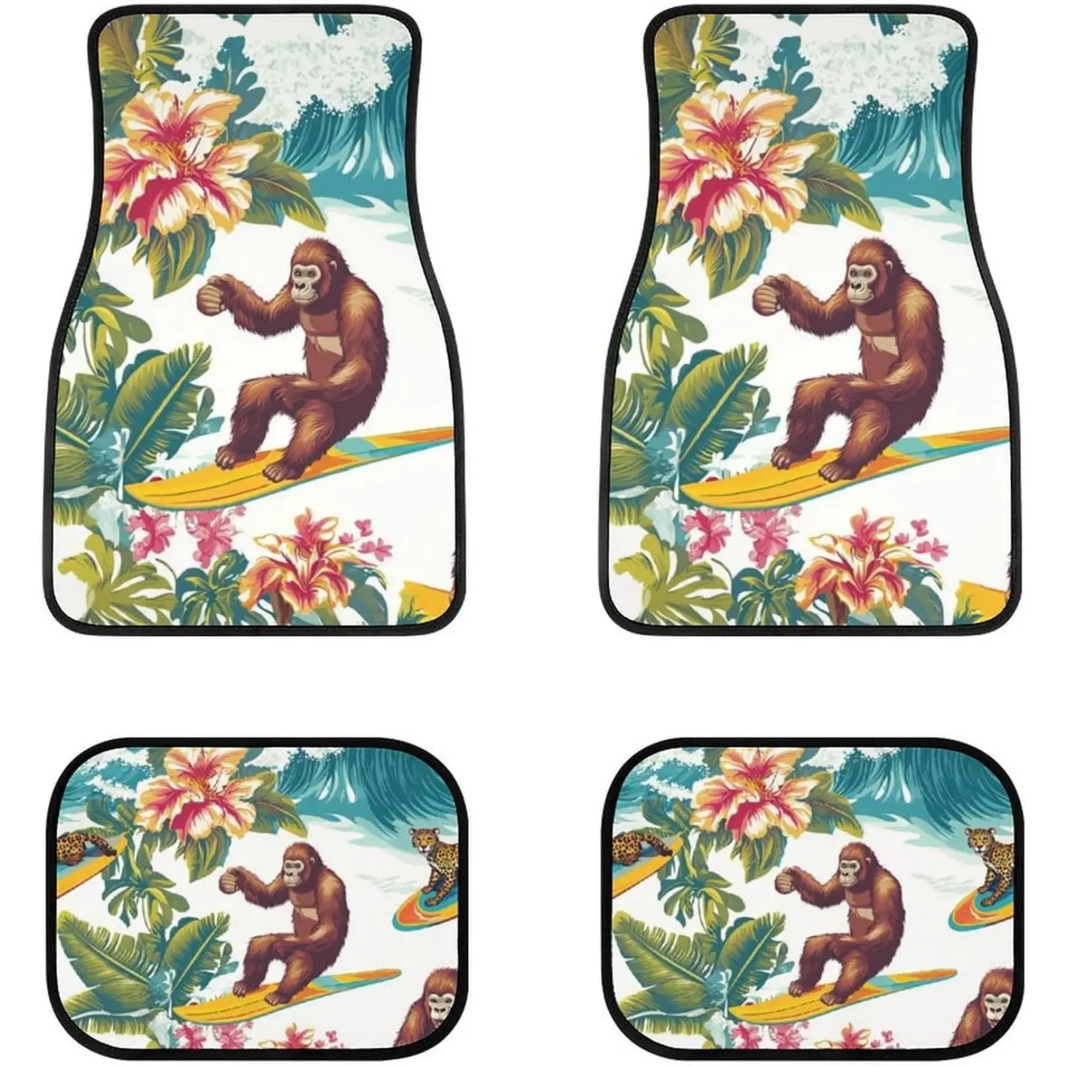 Retro Surfing Gorilla Car Floor Mat 4-piece Set with Tropical Flower Surfing Element Pattern Car Floor Mat, Auto Foot Mats All Weather Universal Fit Car Decor Accessories Fit for SUV, Vans, Sedans, Trucks ﻿