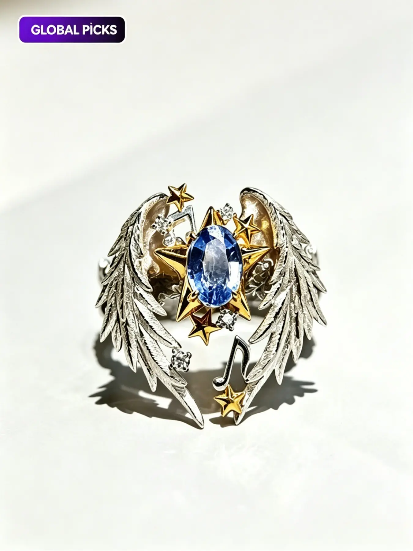 Angel Wing Open Ring, Gold Silver Alloy Feather Band with Blue Crystal & Music Note, Vintage Celestial Healing Jewelry, Christmas Holiday Party Gift for Her, Anxiety Relief Self Love Spiritual Ring