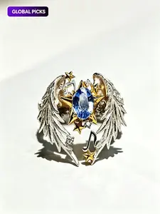Angel Wing Open Ring, Gold Silver Alloy Feather Band with Blue Crystal & Music Note, Vintage Celestial Healing Jewelry, Christmas Holiday Party Gift for Her, Anxiety Relief Self Love Spiritual Ring