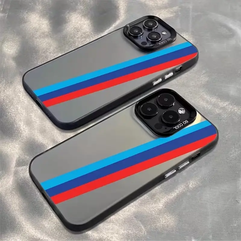 Tricolor Racing Stripes Holoframe Phone Case for iPhone 17 16 15 14 13 12 11 Pro Max, Luxury Motorsport Style Matte Metallic Finish Shockproof Protective Cover