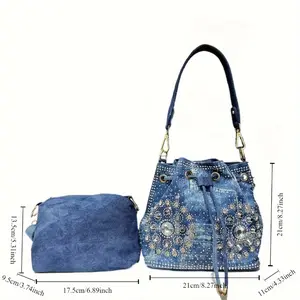 Women's Elegant Rhinestone Bucket Bag - Small Blue Floral Print with Sparkling Rhinestones, Detachable Shoulder Strap & Zip Closure, Foldable Design & Polyester Lining for Casual or Formal Occasions, Purse, Versatile Handbag, Decorative Acc