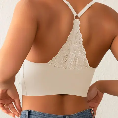 Women's Solid Color Lace Insert Sports Bra, Breathable Comfortable Wireless Sports Bra, Ladies Sportswear for Indoor Outdoor Wear, No Underwire, Casual Bra, Sport Bras