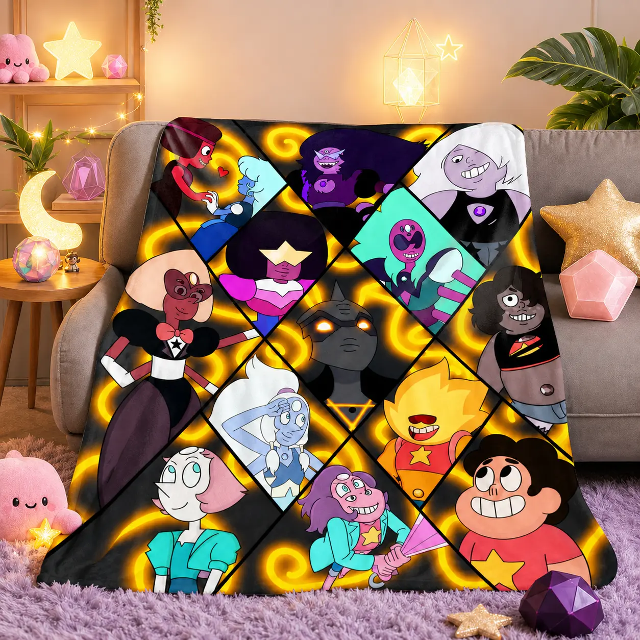 Steven Universe Crystal Gems Aesthetic Ultra-Soft Edge-Stitched Skin-Friendly Throw Blanket - Multi-Size, Colorful Panels, Warm for Bedroom/Couch, Kids' Gift for Birthday Christmas, Viral Trending Decor