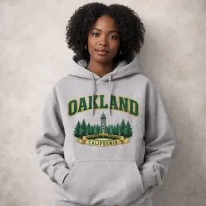 Oakland Trees Hoodie - California Forest Design, Hooded Sweatshirt Classic Menswear Grey Kangaroo Relaxed Fit Ribbed Streetwear Tops