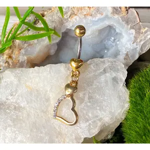 Gold Hollow Heart Dangle CZ Gem Belly Ring Navel Piercing Pierced Naval Jewelry