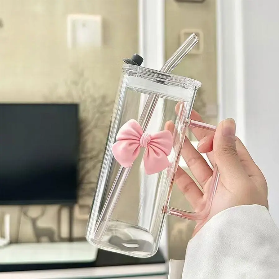 Bow Decor Clear Glass Cup, 1 Count Cute Glass Cup with Straw & Lid, Water Glass Cup, Glass Drinking Cup, Heat Resistant Glass Cup for Home Office Use, Stylish Drinkware, Drinkware, Glassware Set