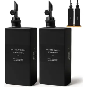 Olive Oil Dispenser Bottle for Kitchen with  Tray, 16.9oz Glass Oil Bottles and Vinegar Dispenser Set, Decorative Avocado Oil Dispenser Set, Gourmet  for Bakers (Black, Set of 2)