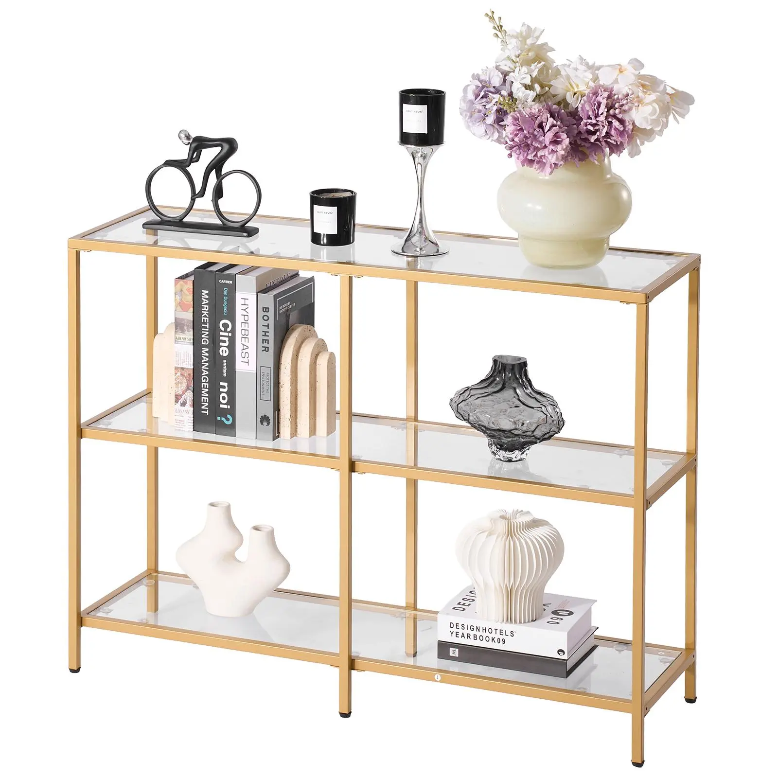 VEVOR 3-Tier Glass Console Table, Modern Rectangle Sofa Side Table with Tempered Glass Top and Iron Legs, Golden Consloe Desk with Anti-Tip Device for Living Room, Hallway, Entryway, Foyer, Golden#BackToSchool