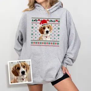 Custom Dog Photo Ugly Christmas Hoodie, Christmas Pet Pullover, Customized Pet Portrait Tops, Funny Dog Lover Hoodies, Xmas Gift Ideas for Dog Mom
