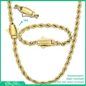 14K Gold Plated Rope Chain Necklace & Bracelet Set – 4/6mm Chunky Necklace for Women Men Layering Jewelry Set 16-30in, 7.5-8.5in