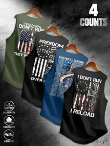 Men's Patriotic Hardcore Theme Print Sleeveless T-Shirt Set of 4, Wide Shoulder Cut, Sporty Style, Ideal for Gym, Daily Wear, Outdoor Adventures