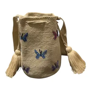Colombian Wayuu Handwoven Bag – Large Beige Backpack with Decorative Beads and Butterflies