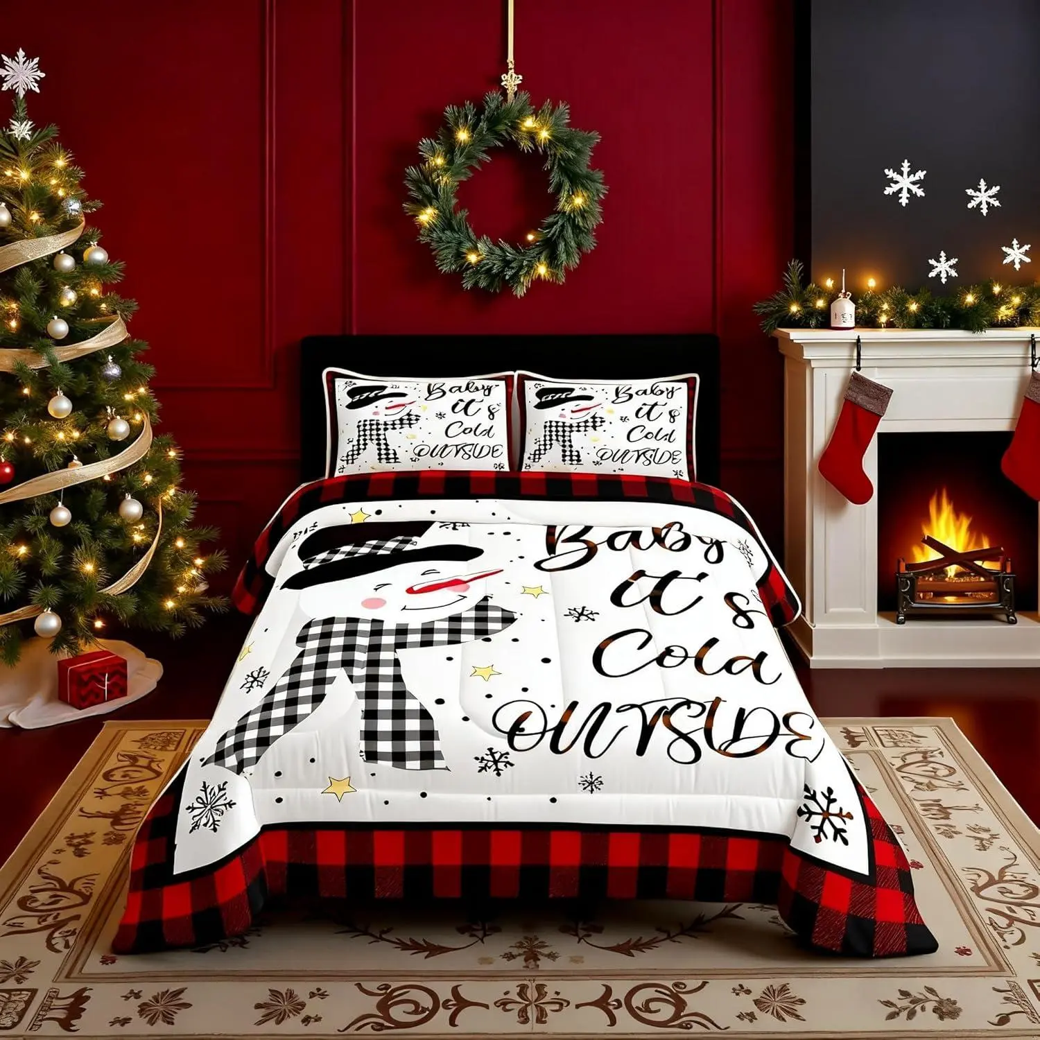 Kids Christmas Snowman Comforter Setsnowflake Winter Bedding Set,Girls Boys Adults Xmas Decor,Geometric Grids Lattices Patch Down Comforter,Red Rustic Vintage Duvet Insert